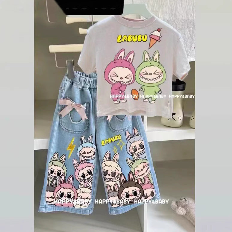 Girls' Bowknot Jeans2025New Style Children's Fashionable Wide-Leg Pants for Older Kids, Long Straight-Leg Pants