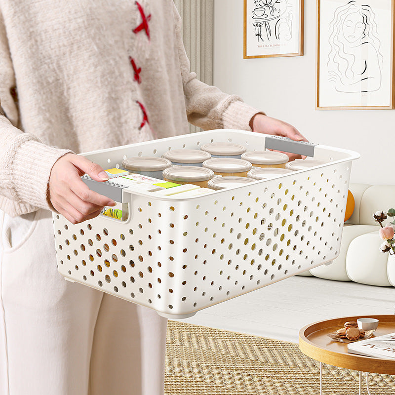 Japanese Style Kitchen Plastic Storage Basket Household Hollow Out Organizer Storage Box Handheld Bathroom Desktop Cosmetic Storage Basket