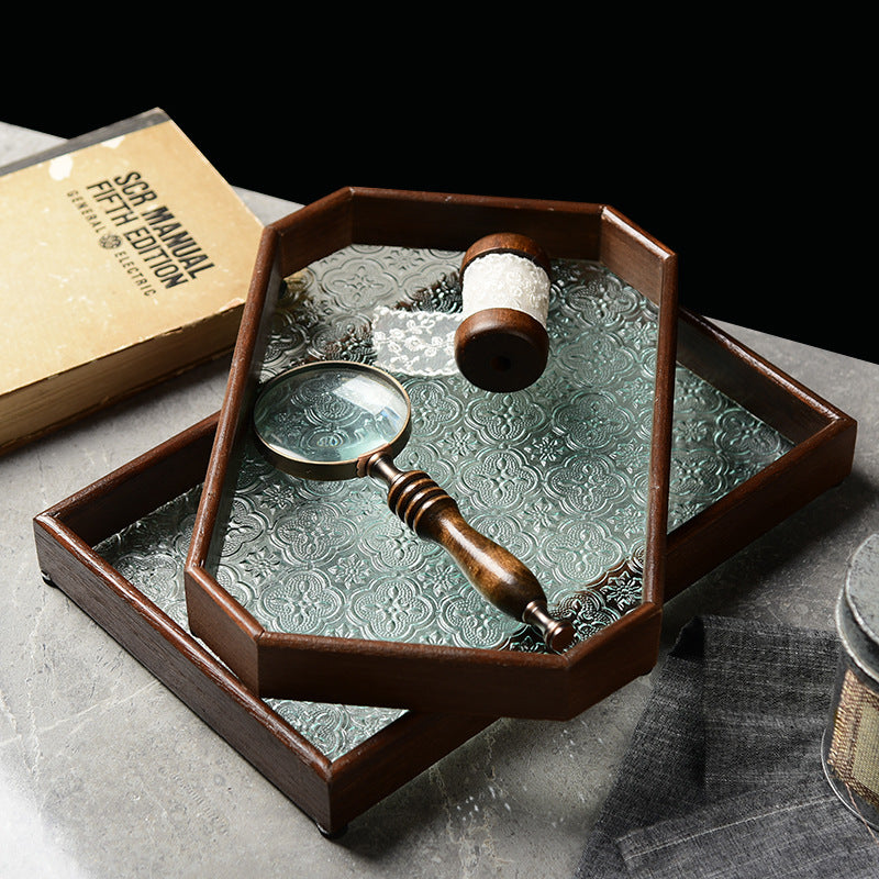 Begonia Embossed Glass Tray Walnut Color Rectangular Tea Tray Storage Ornaments Tea Water Cup Fruit Snack Plate
