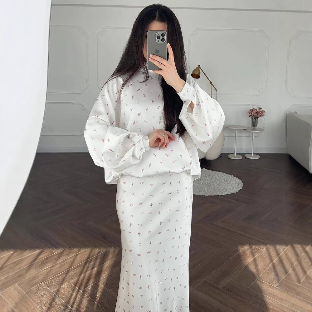 2025Autumn European and American Cross-Border New Loose Comfortable Elegant Shirt Sleeve Floral Top Half Skirt Set Women's Clothing