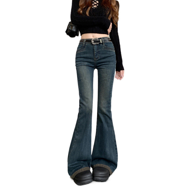 Washed Fleece-Lined Flared Jeans for Women, Autumn and Winter Vintage Slim High-Waisted Slimming Floor-Length Pants, Leg-Shaping