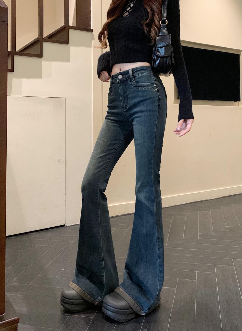 Washed Fleece-Lined Flared Jeans for Women, Autumn and Winter Vintage Slim High-Waisted Slimming Floor-Length Pants, Leg-Shaping