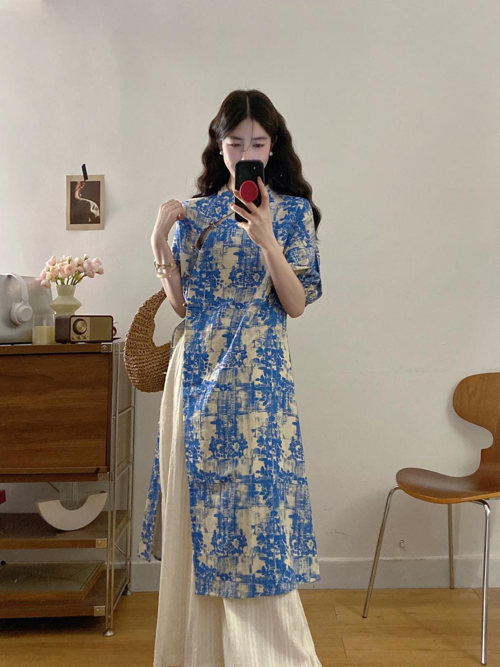 New Chinese Style National Style Set Gentle Temperament Super Beautiful Blue Floral Long Top Casual Long Pants Two-Piece Set