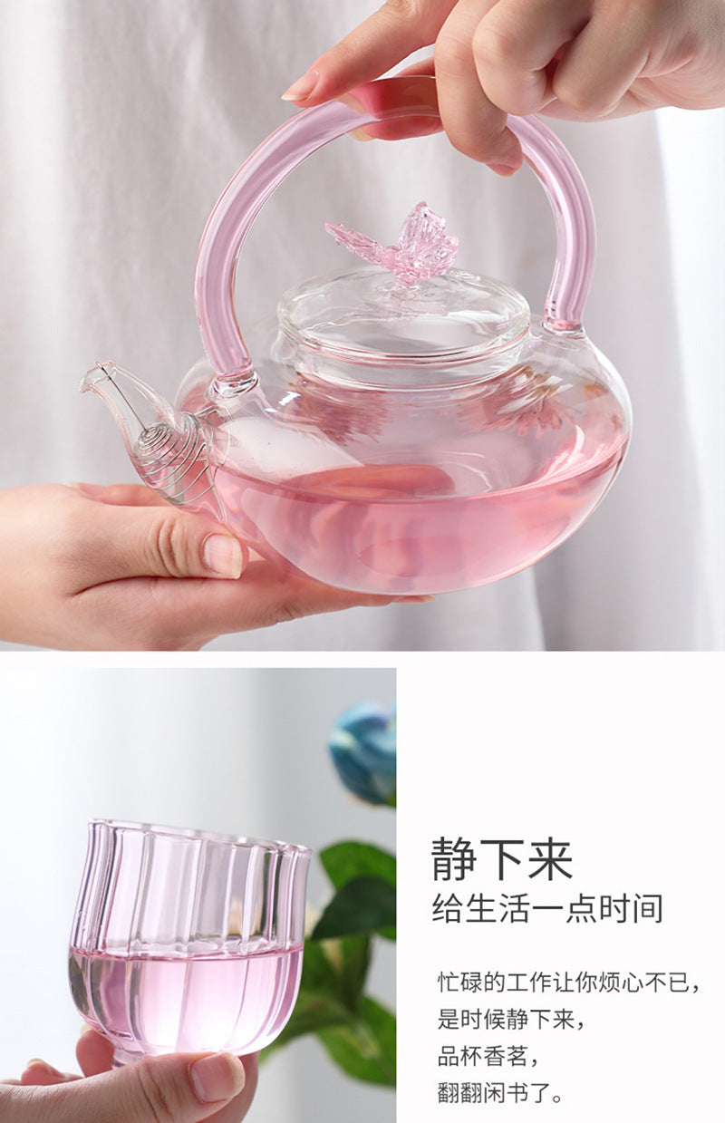 Teapot with Pink Handle Butterfly Teapot High Borosilicate Heat-Resistant Glass Teapot Electric Ceramic Stove Special Tea Brewing Teapot Flower Tea Teapot