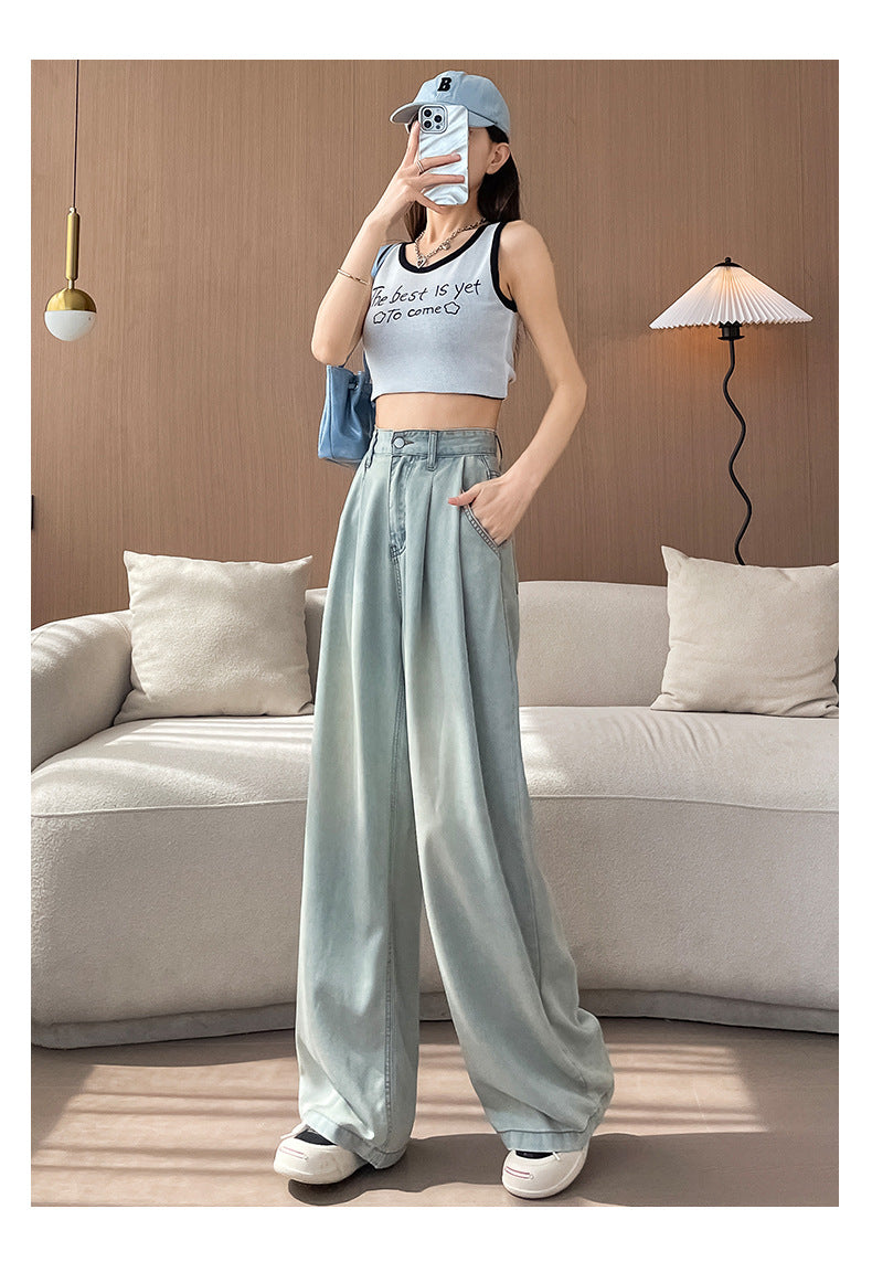 Light Color Tencel Wide Leg Jeans Women Summer Thin High Waist Draped Slimming Design Sense Ice Silk Straight Floor Length Pants