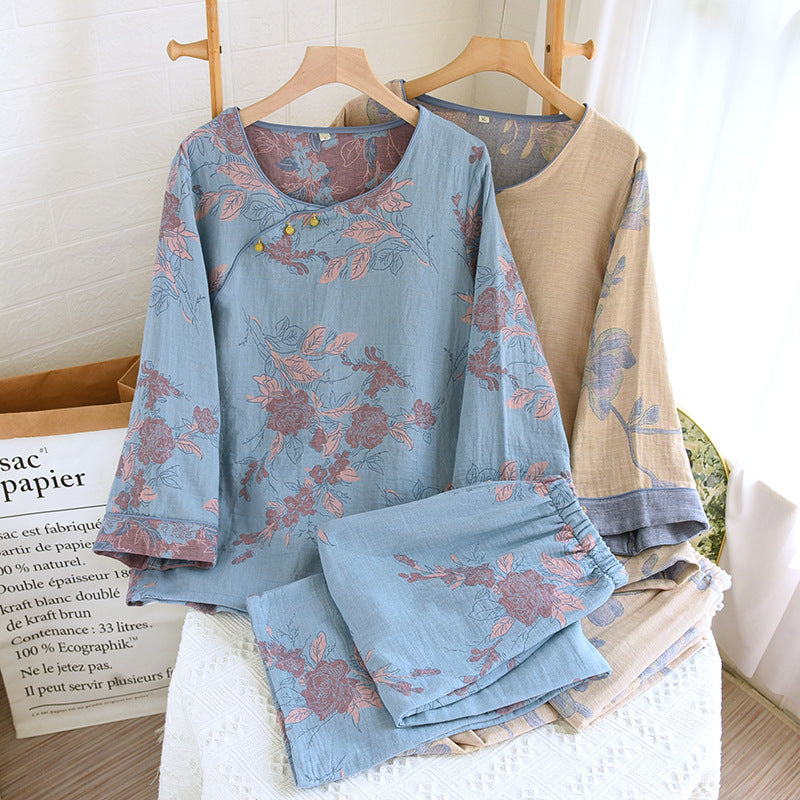 Women's Pearl Button Color Woven Jacquard National Style Pajamas Spring Four Seasons Thin Round Neck Pullover Homewear Set Suitable for Outerwear