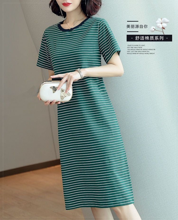 Summer Waist-Cinching Dress Plus Size Middle-Aged and Elderly Mom Outfit Mid-Length Striped Short Sleeve T Women's T-shirt Skirt Cross-Border Wholesale