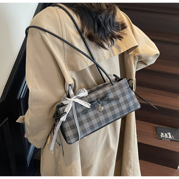 Dopamine Plaid Handbag Small Tote Bag for Women Summer2025New Ballet Style Bow Baguette Bag Underarm Bag Trendy