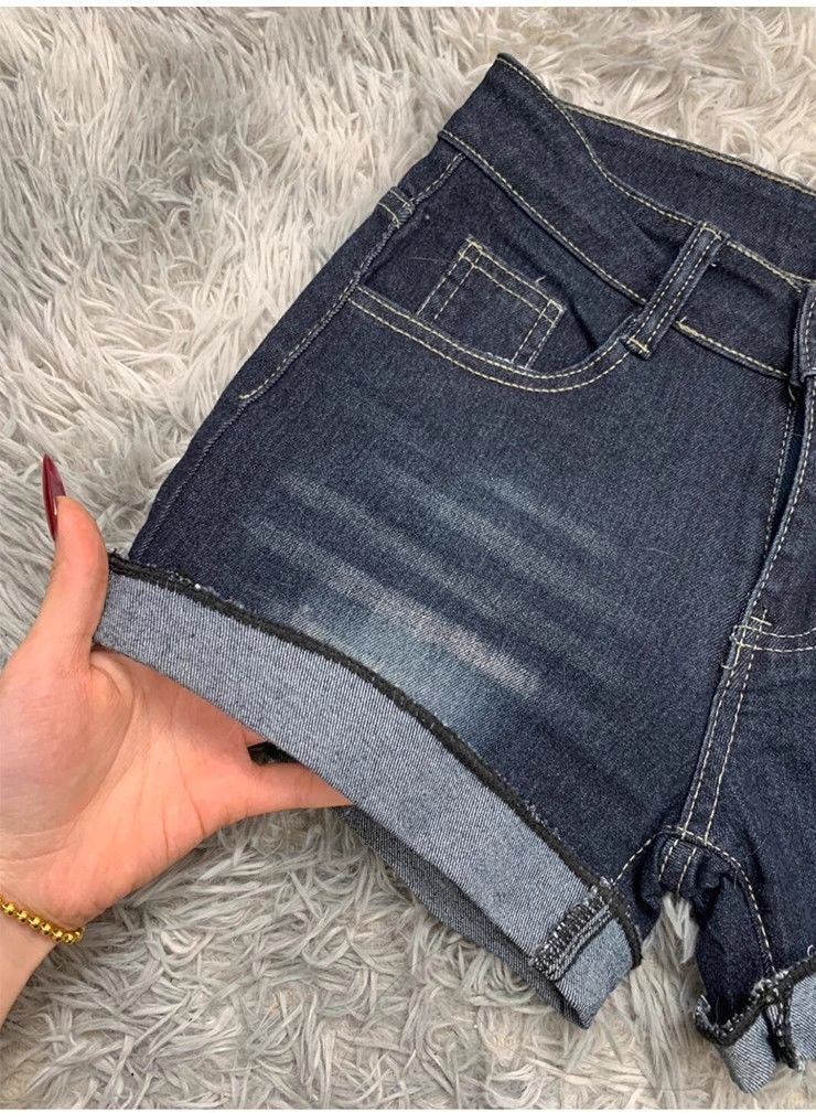 American style dark blue denim shorts for women2025Summer New High-Waisted Slimming Hot Girl Bodycon Dress a Rolled Hem Shorts