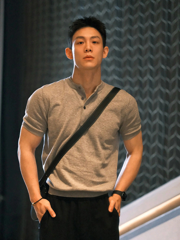 Summer Men's Waffle Henley Collar Short Sleeve T Men's American Style Solid Color Versatile Slim Fit Comfortable Casual Short Sleeve Shirt T T-shirt