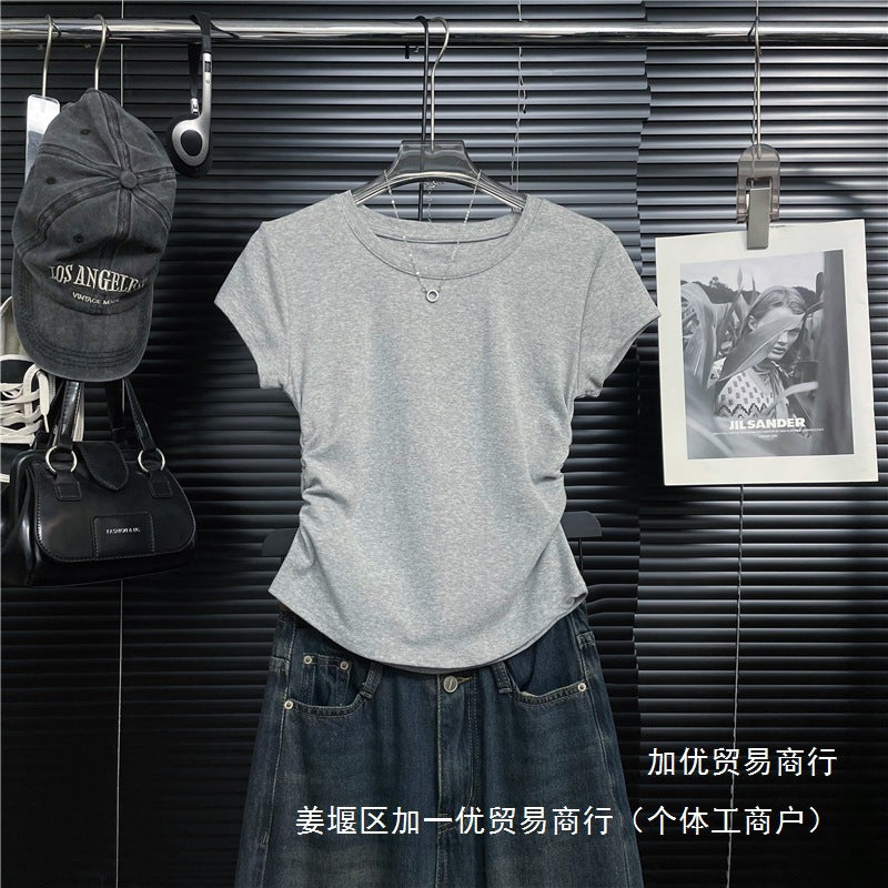 Summer round Neck V Collar Design Sense Ruched Waist Versatile Slimming Short Sleeve Regular Shoulder T T-shirt for Women Hot Girl Tight-fitting Not Wholesale