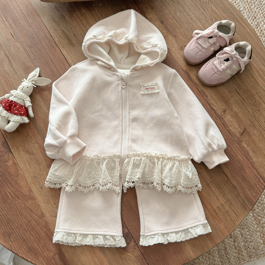 Sweet Little Girl Outfit Autumn New Fashionable Children's Lace Hooded Two-Piece Set Jacket Baby Pants