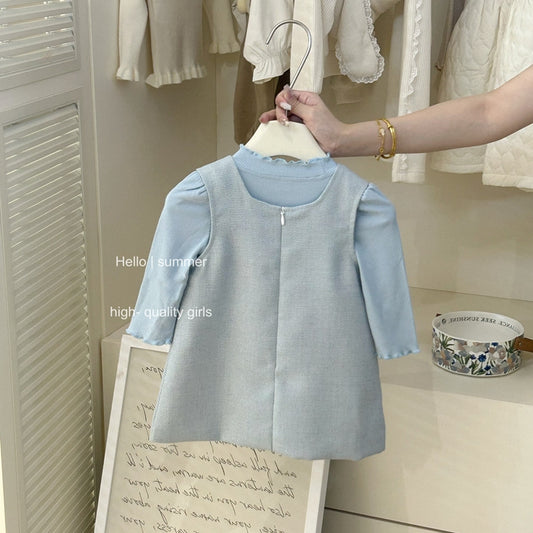 【Sweet Little Chef】Girls' Early Autumn Rolled Hem Base Shirt Bowknot Vest Dress Set Baby Little Chanel Two-Piece Trendy