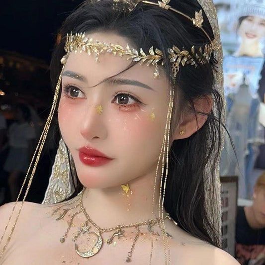 Princess of the Western Regions~Dunhuang Desert Ancient Costume Forehead Ornament Eyebrow Pendant Leaf Head Chain Headwear Bohemian Style Hair Accessory