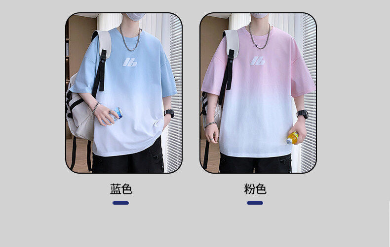 2025Summer New Men's Youth Casual Stylish Trendy Loose Short Sleeve T Shirt Gradient Color for Middle and High School Students