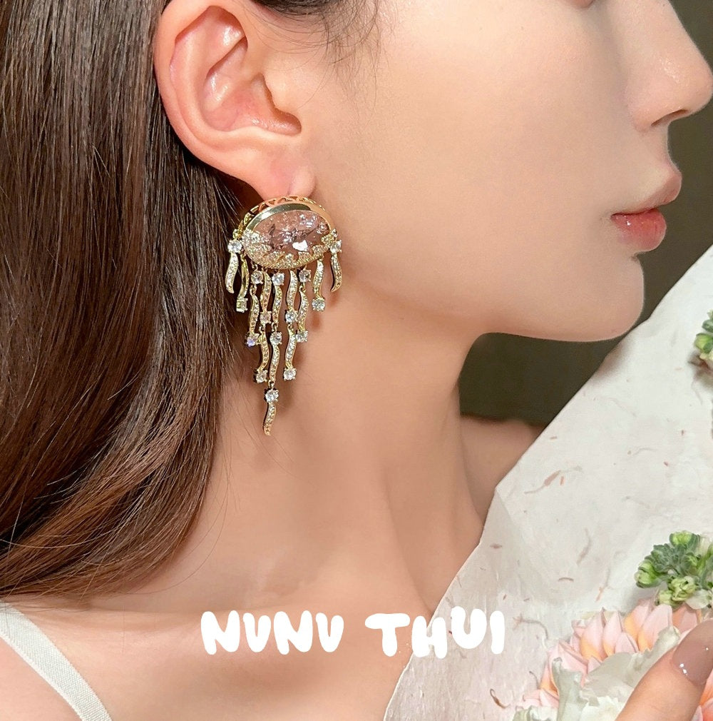 Sparkling Paphos Cloud Pattern Jellyfish Tassel Gemstone Earrings The Joy of a Rich Woman Egg-shaped Princess Pink Earrings
