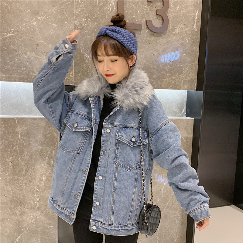 Cross-Border2022Winter New Korean Style Loose Thickened Fleece Rabbit Fur Inner Large Fur Collar Denim Jacket Women's Cotton Coat