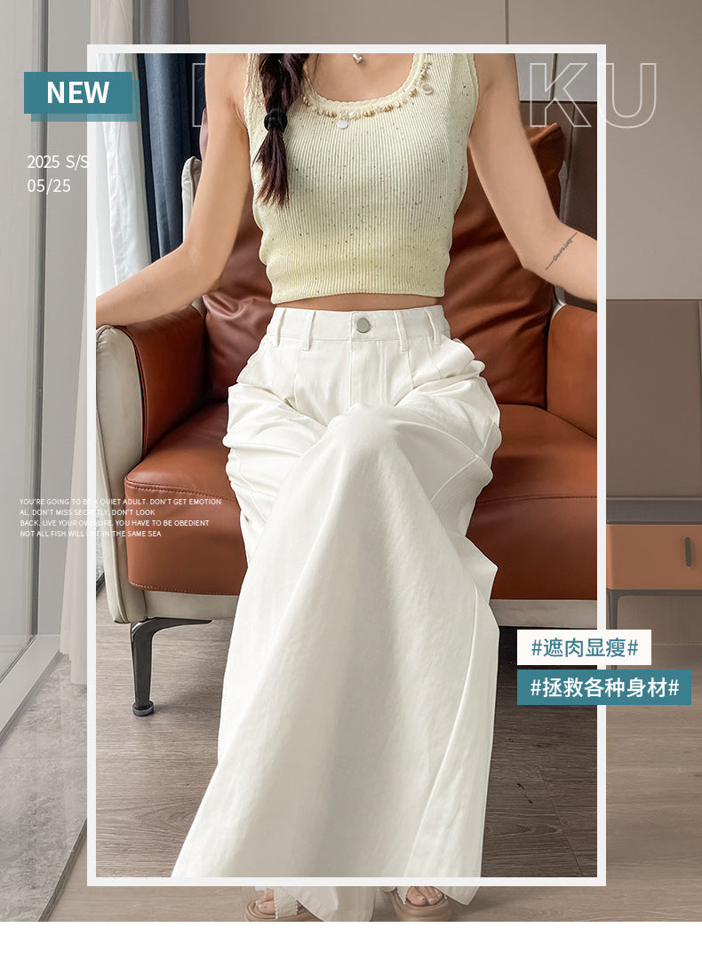Pure White Simple Style Washed Cotton Jeans for Women High Waist Loose Slimming Straight Leg Draped Casual Versatile Long Pants