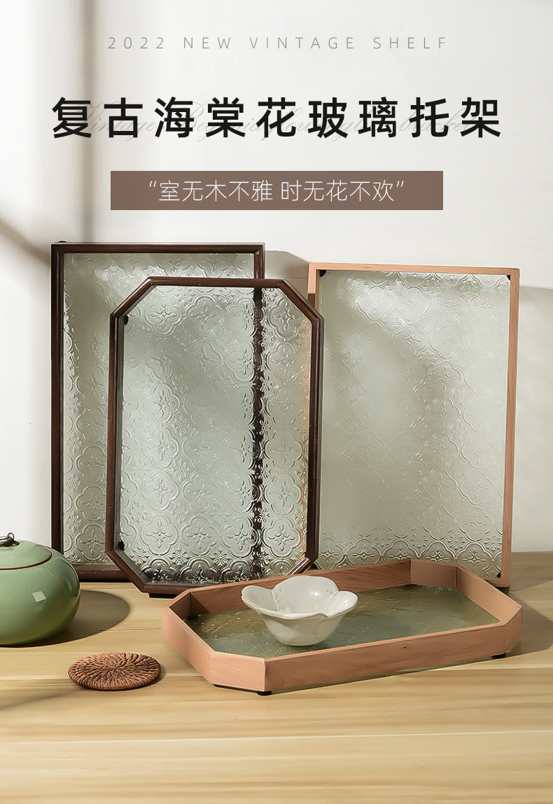 Begonia Embossed Glass Tray Walnut Color Rectangular Tea Tray Storage Ornaments Tea Water Cup Fruit Snack Plate