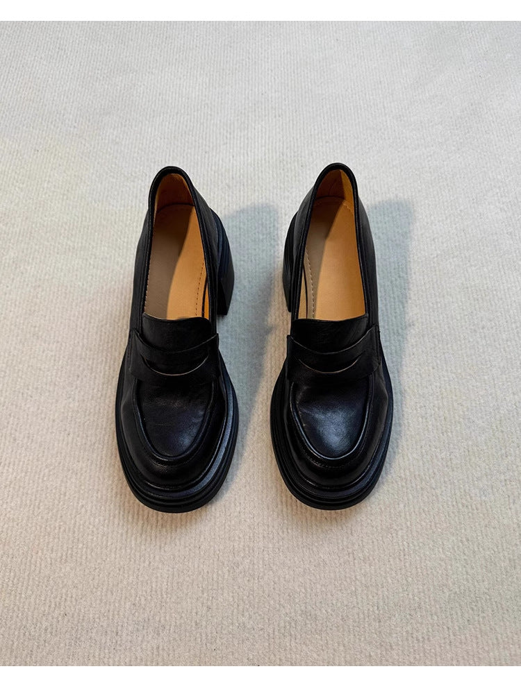 Soft Leather Version~Lancui Thick-Soled Chunky Heel Loafers for Women, Retro Style, Height-Increasing Slip-On Simple Leather Shoes for Petite Women