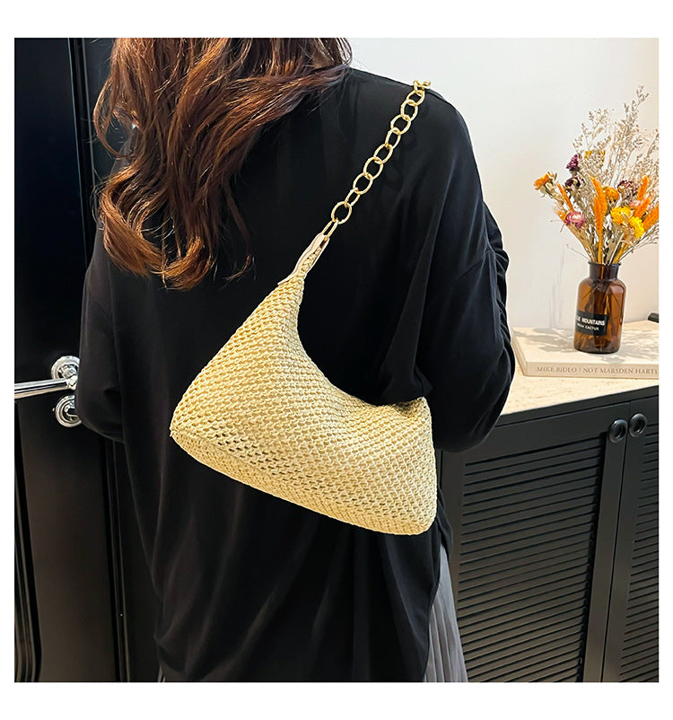 South Korea ins Vintage Woven Tote Bag Straw Bag Large Capacity Underarm Bag Shoulder Bag Vacation Style Beach Bag for Women