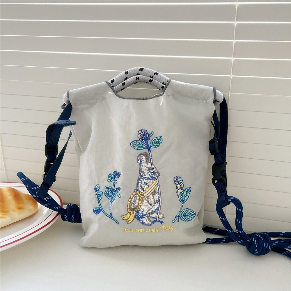 Japanese Style BallChain Same Style Eco-Friendly Embroidered Shopping Bag Nylon Fabric Floral Handheld Niche Fashion Shopping Bag