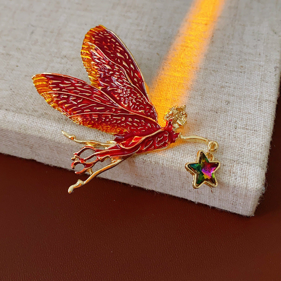 Medieval vintage Enamel Brooch with Inlaid Diamonds and Oil Drop Wings Fairy Pin Brooch High-end Fashion Accessory for Women
