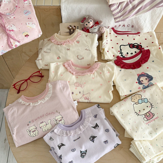 Girls A Pajama Set2025Autumn Girls Korean Style Homewear Baby Cute Cartoon Print Two-Piece Set Trendy