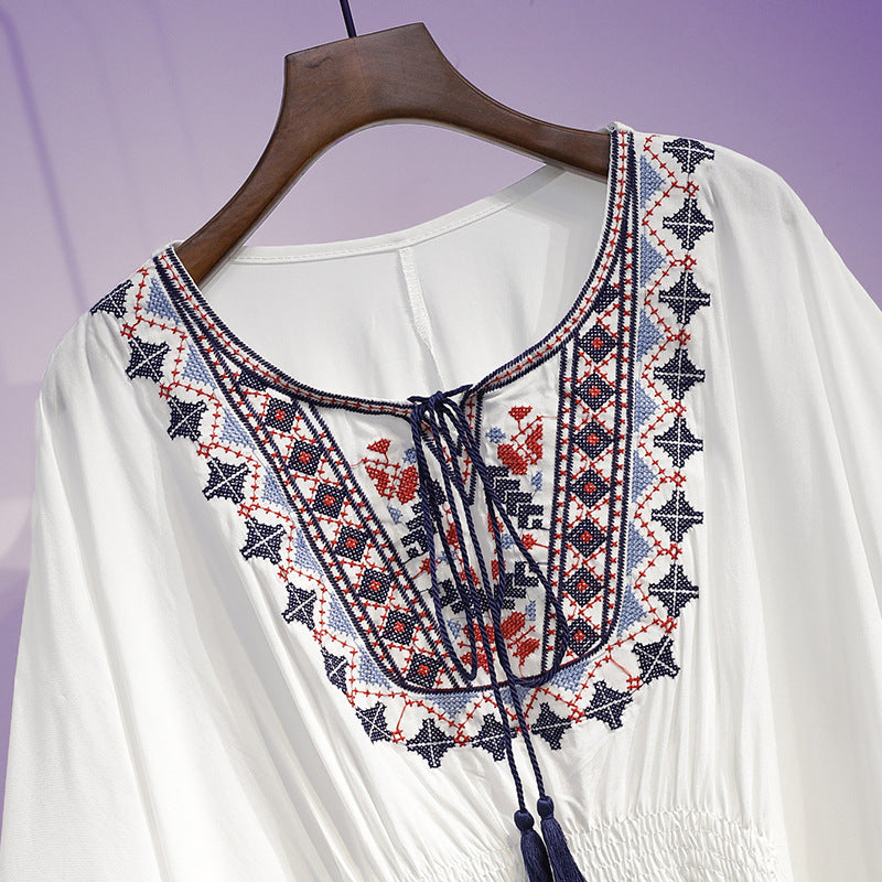 Summer Fashion Retro Slimming Top Women's Stylish Youthful Printed Five-Sleeve Round Neck Chiffon Blouse Women's Fashion