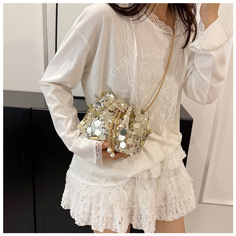 Trendy and High-End Sequin Bucket Bag2025Summer New Fashion Versatile Stylish French Chain Single Shoulder Crossbody