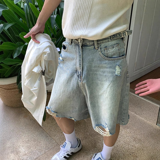 American Style Retro Washed Distressed Denim Shorts for Men Summer Cool Casual Loose Wide-Leg Five-Point Shorts