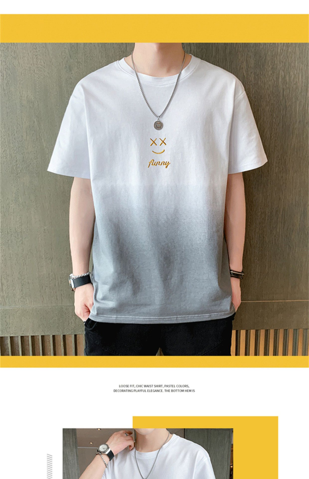 Leisure t Trendy Slim Fit T-Shirt Round Neck Gradient Print Short Sleeve Top T Men's Trendy Versatile Shirt ins Wind