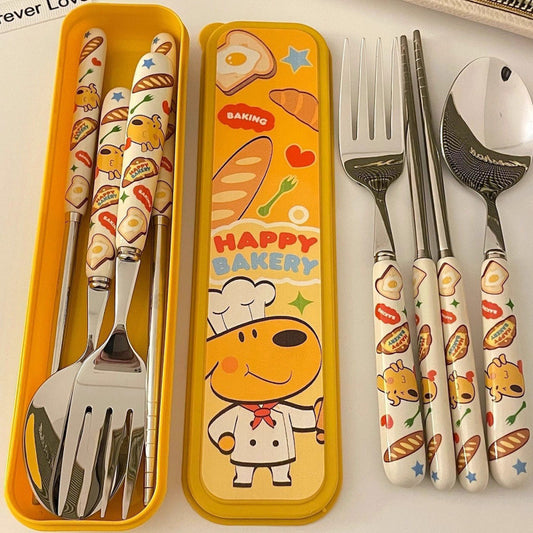 Student Dormitory Home Cute Bread Dog Tableware Set Spoon Fork Three-piece Portable Kitchen Supplies Cartoon Creative