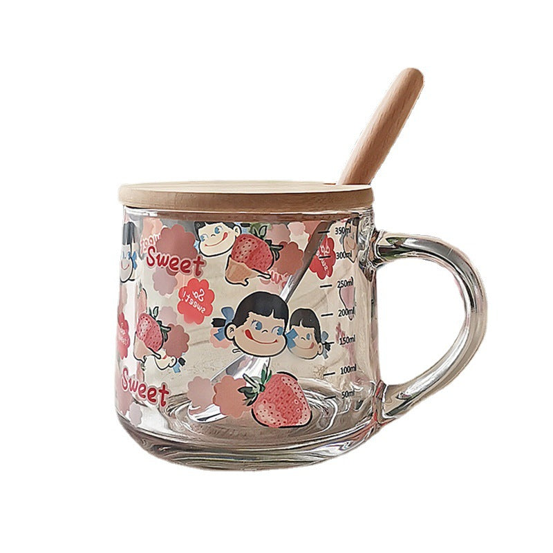 ins Glass Cup with Straw Milk Breakfast Cup Cute Cartoon Graduated Cup with Lid Spoon Gift Customization logo
