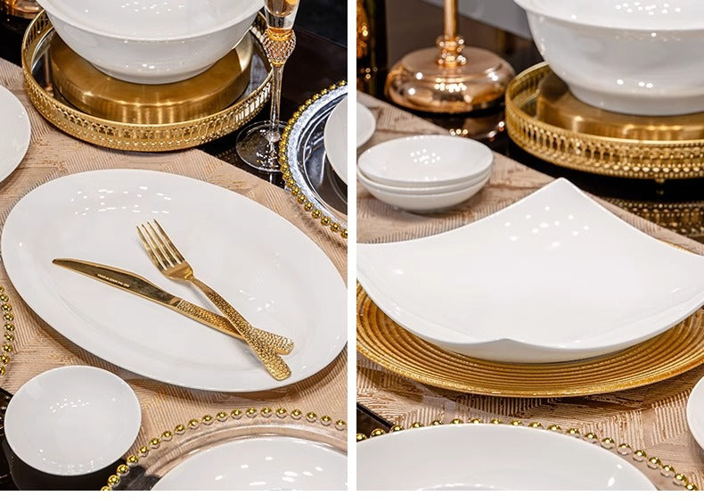 Tangshan Bone China Pure White Underglaze Color Bowl and Plate Set Household Combination Tableware Set Bowl Plate Dish Gift Box High Temperature Porcelain