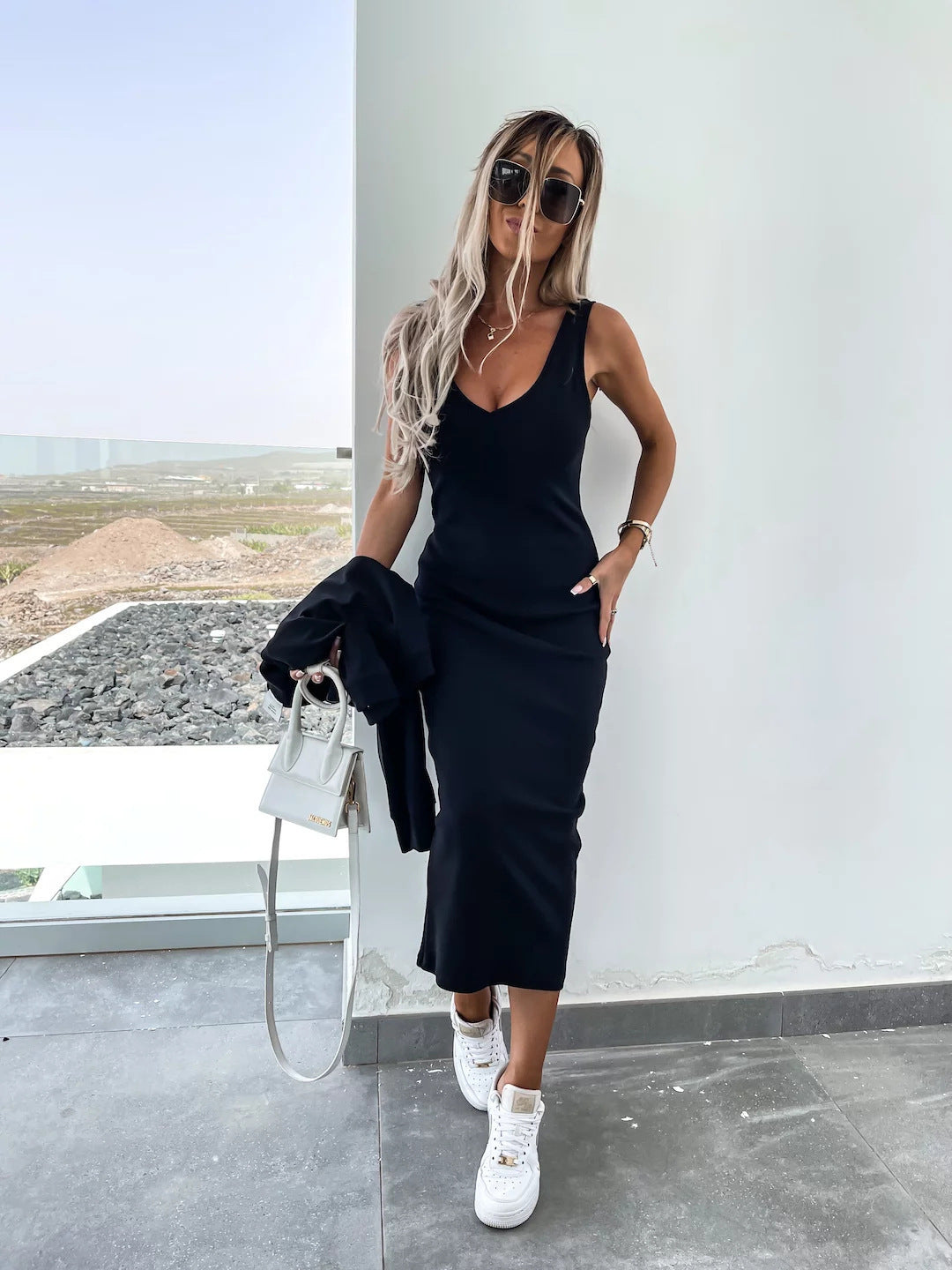 Amazon European and American Cross-Border New Spring Summer Women's Solid Color Clothing V Collar Long Sleeve Sweater Sling Slim Fit Long Dress2Set