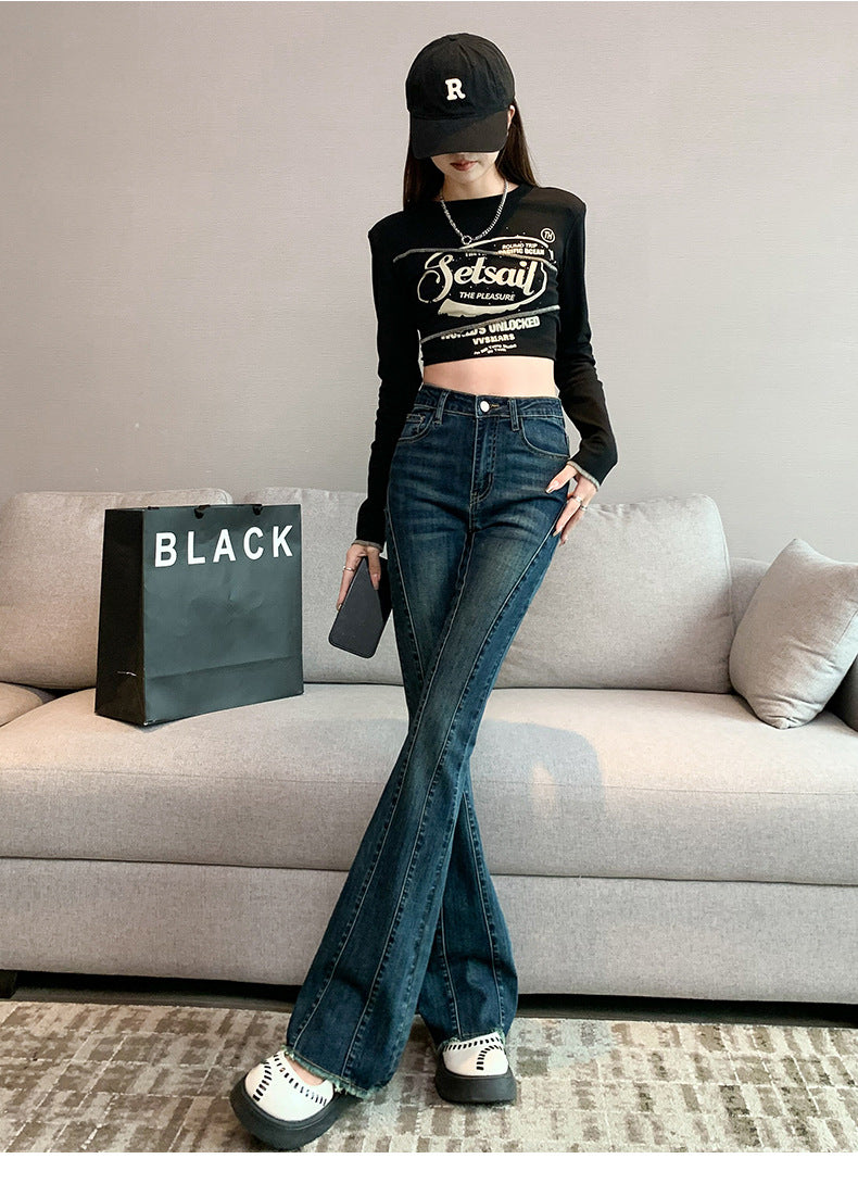1223Flared Jeans for Women Summer Thin Pear Shape Body Lift Tummy Control Denim Bell Bottom Patchwork Fashion Pants