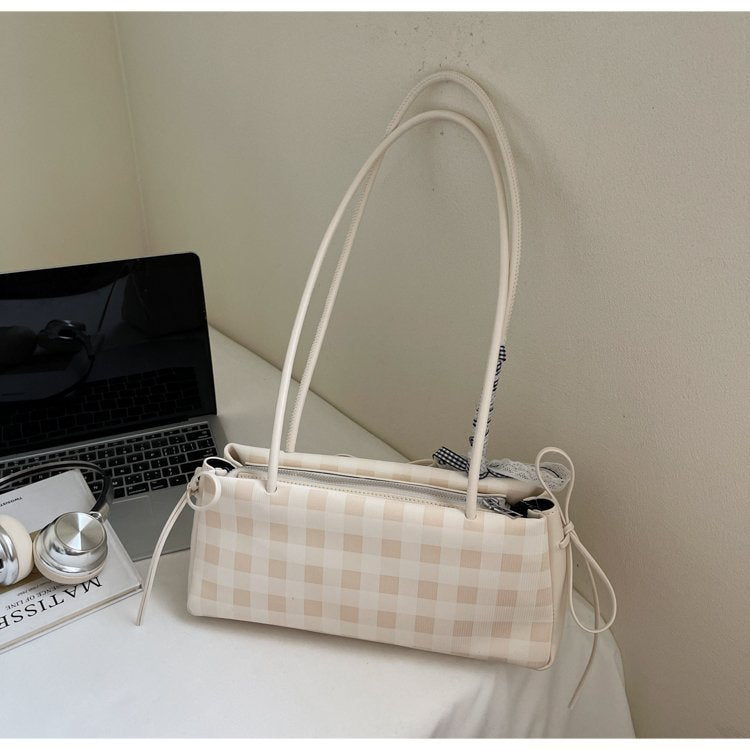 Dopamine Plaid Handbag Small Tote Bag for Women Summer2025New Ballet Style Bow Baguette Bag Underarm Bag Trendy