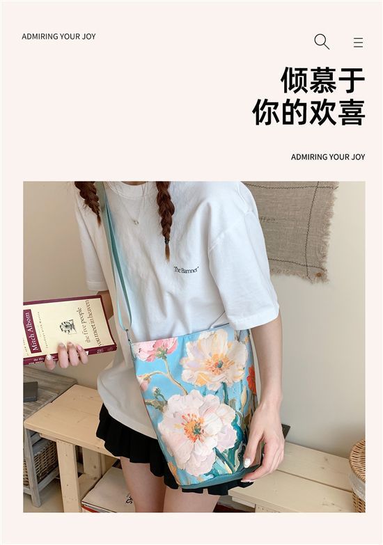 New2025Floral Oil Painting Niche Large Capacity Versatile Commuter Bucket High-end Bag Women's Shoulder Bag Hot Item