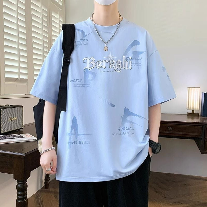 2025Summer New Men's Youth Casual Stylish Trendy Loose Short Sleeve T Shirt Gradient Color for Middle and High School Students
