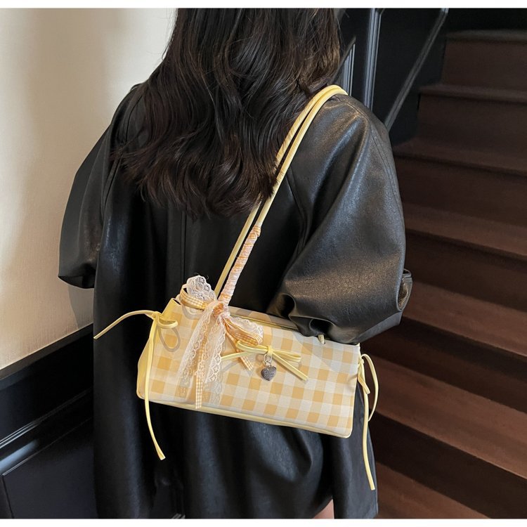Dopamine Plaid Handbag Small Tote Bag for Women Summer2025New Ballet Style Bow Baguette Bag Underarm Bag Trendy