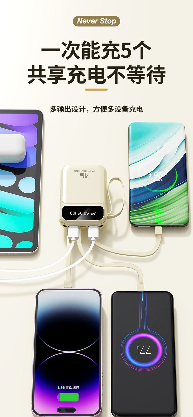 3C Certified Power Bank with Cable20000mAh large capacity portable power bank suitable for airplane use LOGO Customization