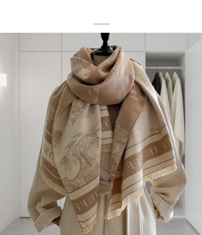 Light Luxury Style Imitation Cashmere Jacquard Shawl for Women Winter Warm Double-Sided Printed Landscape Scarf Outerwear Layering Neck Warmer