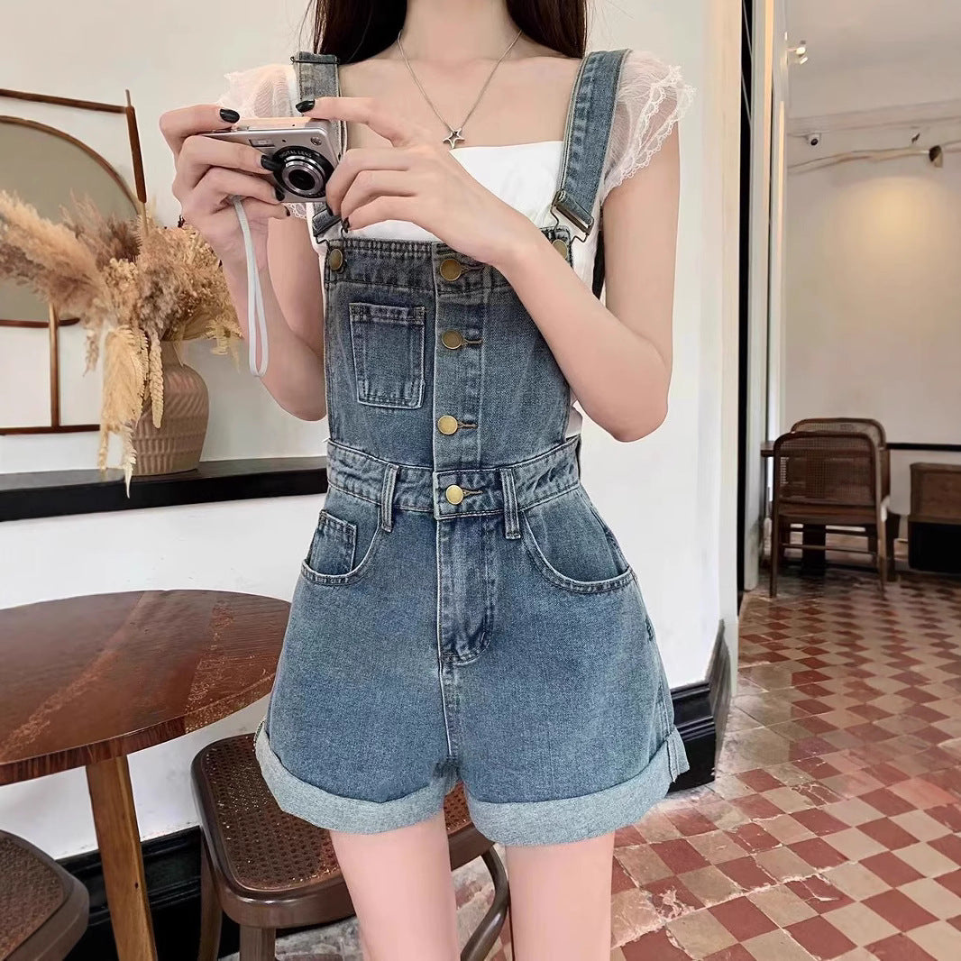 Internet Celebrity Youthful Denim Strap Shorts for Women Summer2025New Workwear Wide-Leg Hot Pants with a Sense of Design and Strap Design
