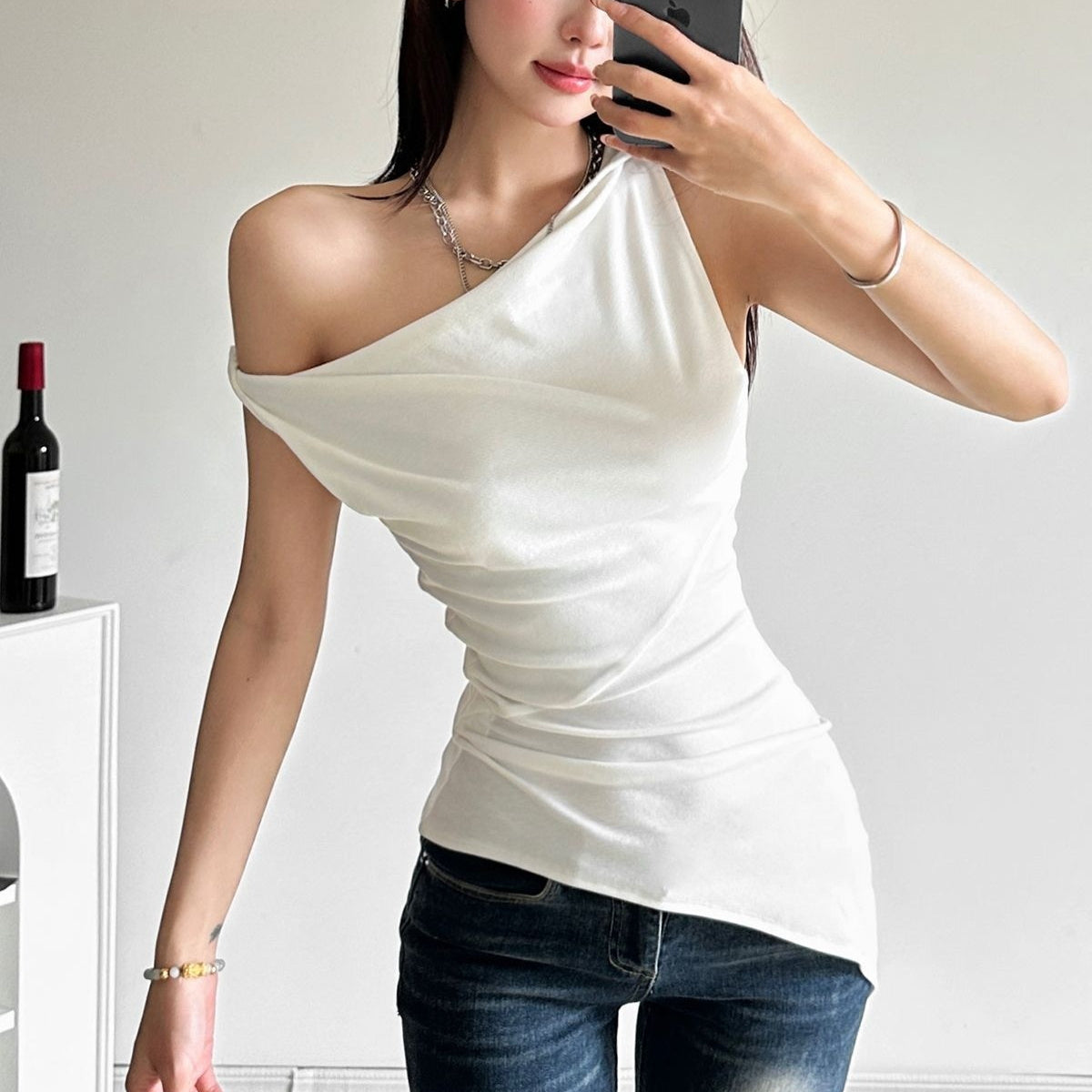 Women’s Multi-wear Collarbone Thin Shoulder T-shirt Summer
