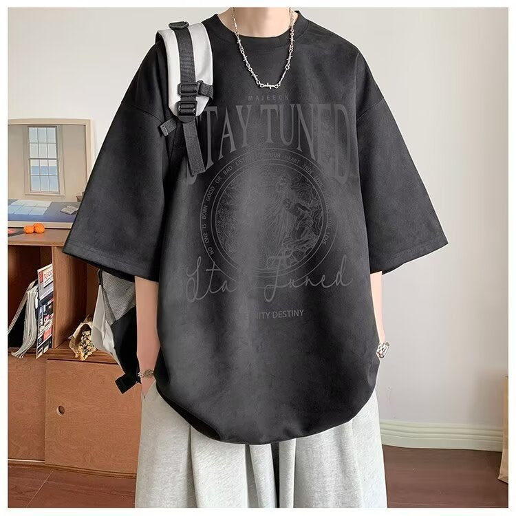 2025New Faux Suede Short Sleeve Men's Summer New American Style Heavyweight Trendy Loose Half Sleeve T Trendy Five-Sleeve Shirt