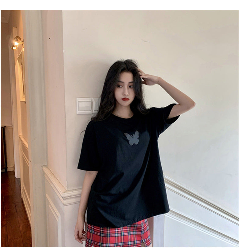 Summer2025New Year's Trendy Internet Celebrity Couple Outfit Reflective Butterfly Short Sleeve t Women's Summer T-shirt ins Super Popular Short Top