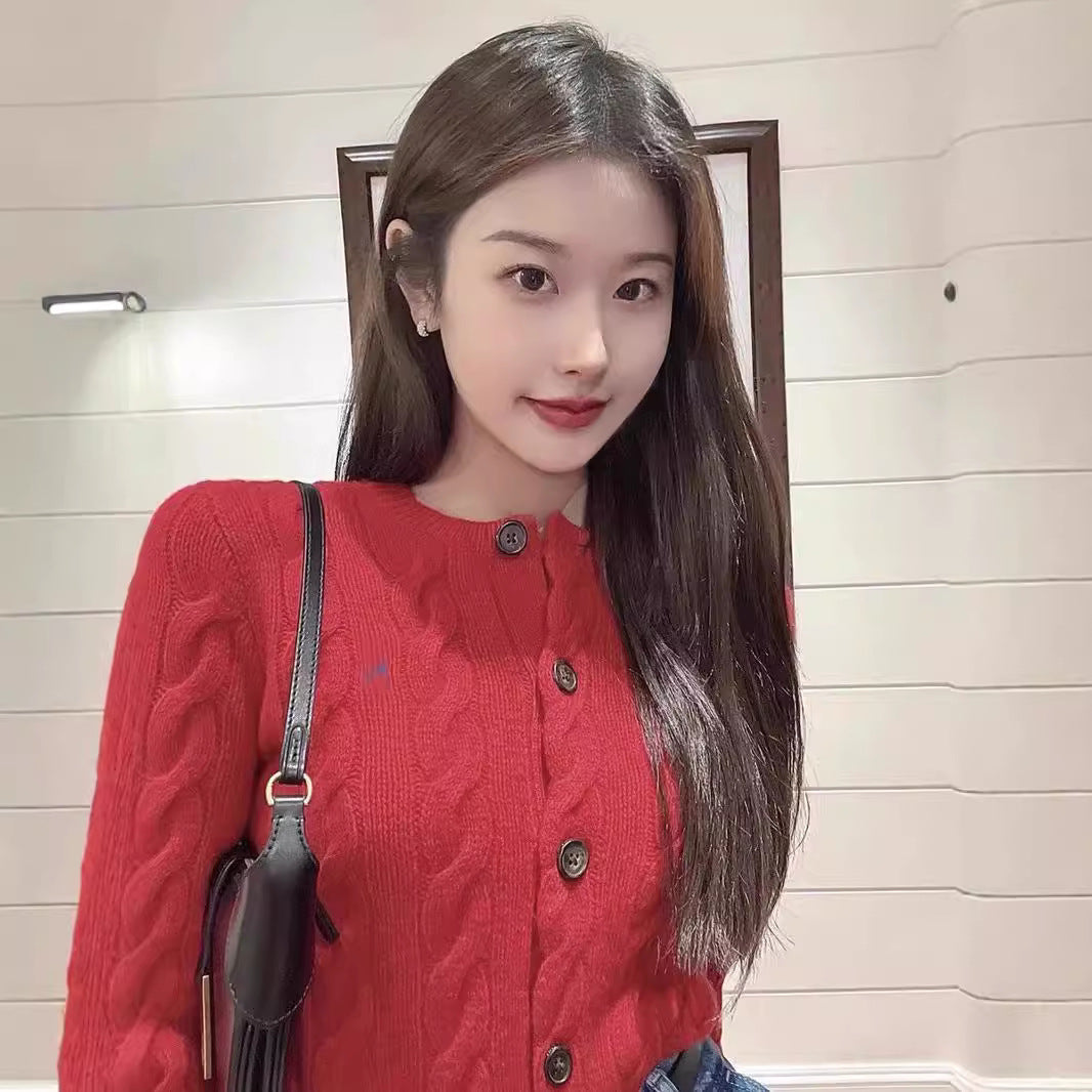 Counter Same Style Pony Embroidery Wool Cable Vintage Knitted Cardigan Women Autumn Winter Sweater Round Neck Thick Coat Top