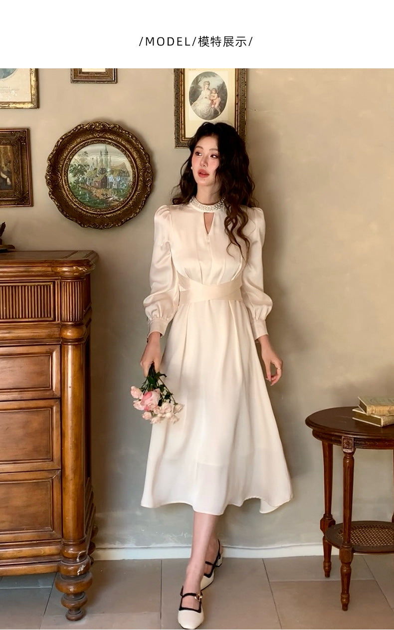 French A Line skirt2025Spring and Summer New Women's Long Sleeve Dress Waist Slimming Elegant Acetate Satin Long Dress