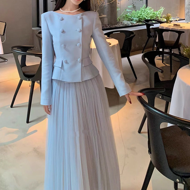 Fashionable Scarlett2025Super Popular Spring Outfit Set for Women: Top, Jacket, Half Skirt, Round Neck, Socialite Style